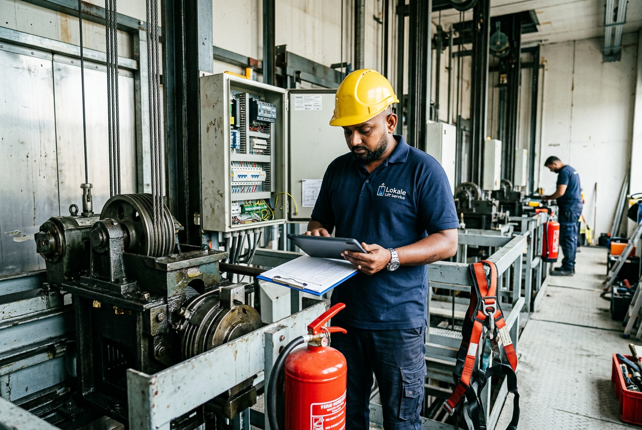Lifttechnicus voert een veiligheidsinspectie uit