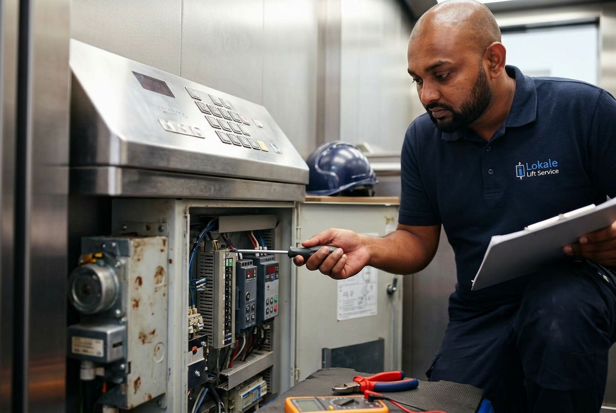 Liftmonteur voert onderhoud uit aan een liftinstallatie
