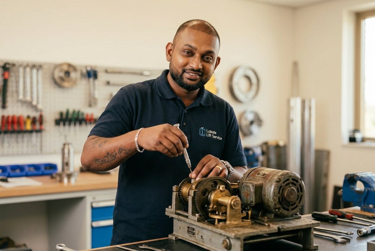 Ervaren lifttechnicus reviseert een oud liftonderdeel in de werkplaats