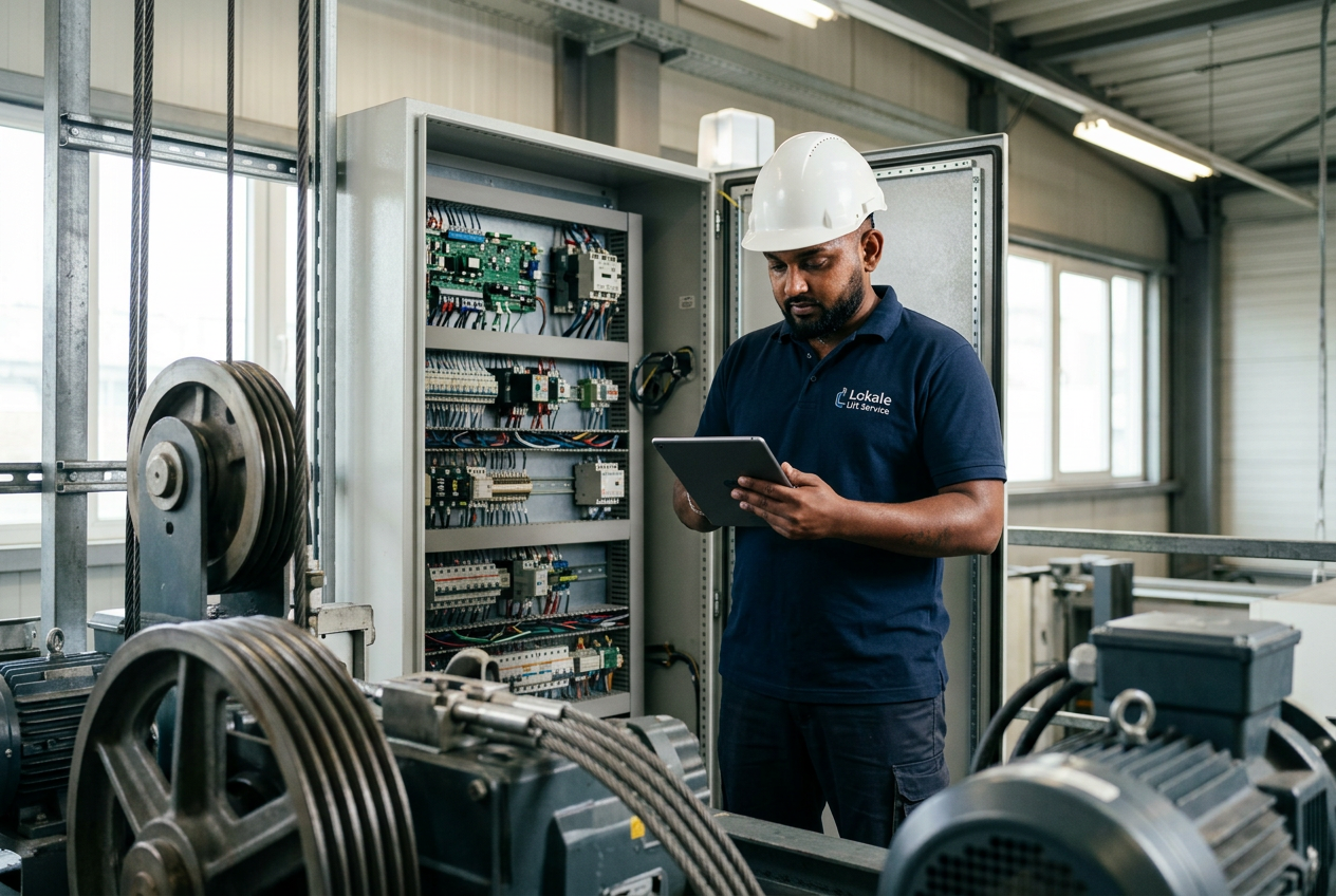 Lifttechnicus voert preventief onderhoud uit